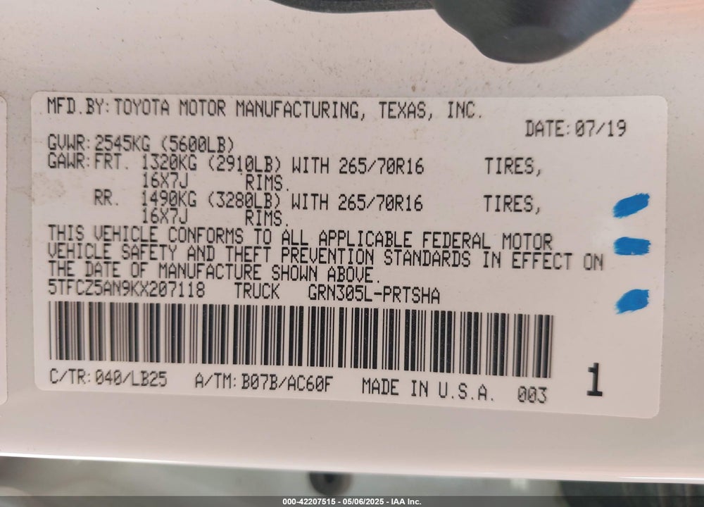 2019 TOYOTA TACOMA VIN: 5TFCZ5AN9KX207118
