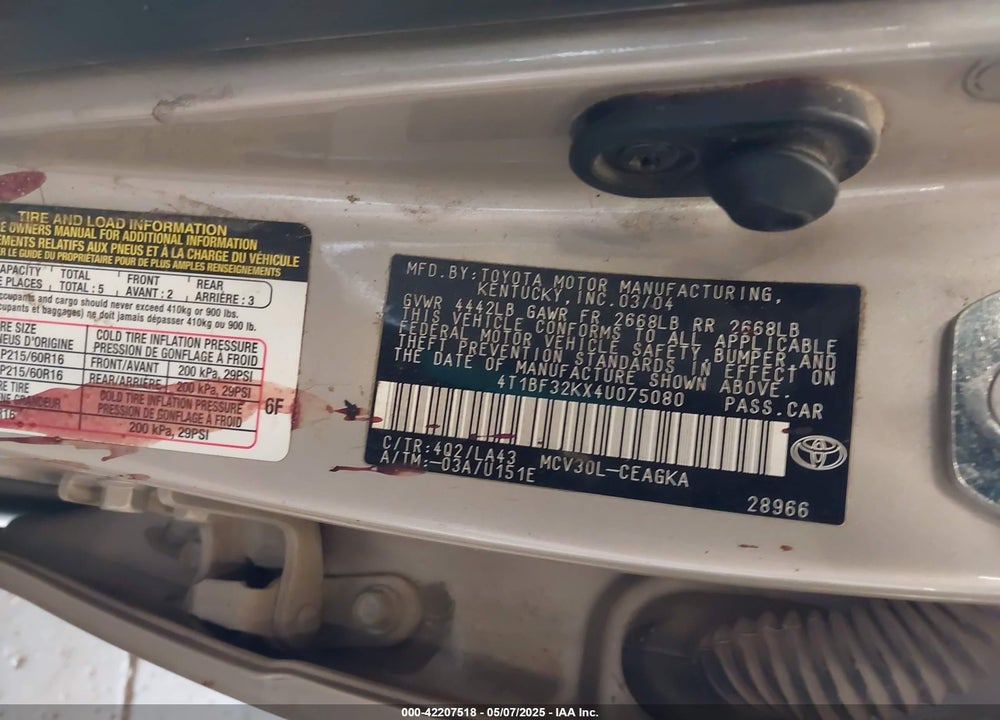 2004 TOYOTA CAMRY XLE V6 VIN: 4T1BF32KX4U075080