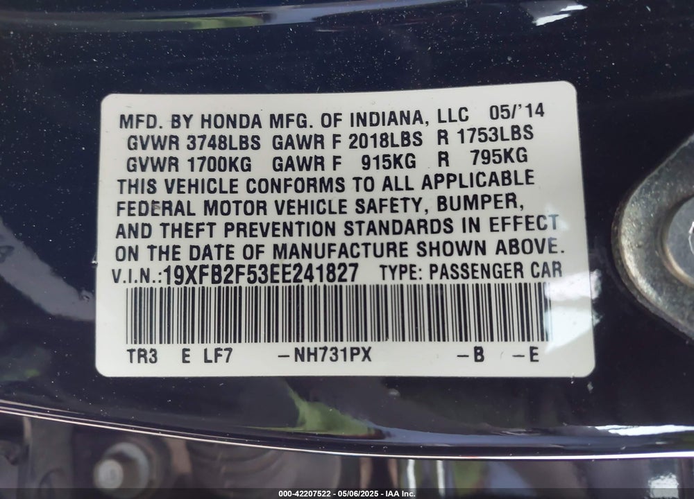 2014 HONDA CIVIC VIN: 19XFB2F53EE241827