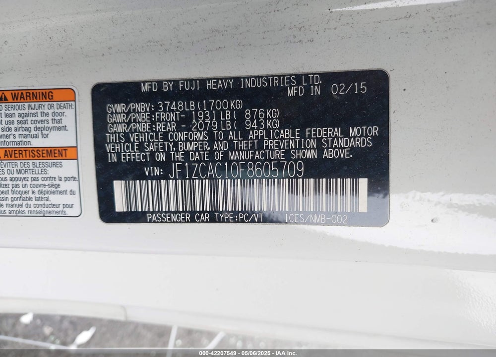 2015 SUBARU BRZ LIMITED VIN: JF1ZCAC10F8605709