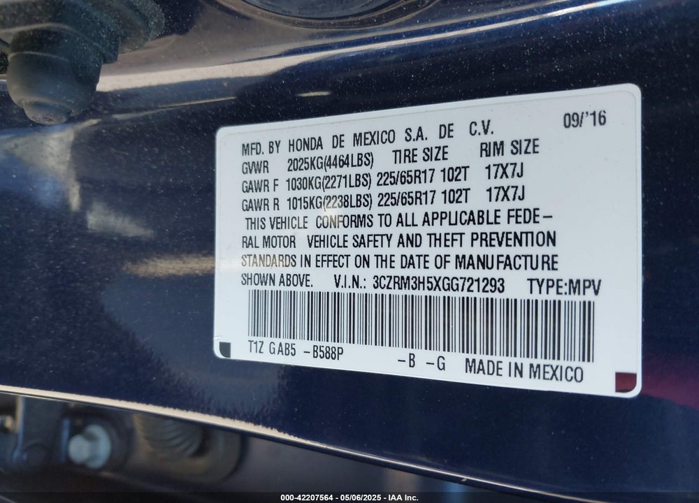 2016 HONDA CR-V VIN: 3CZRM3H5XGG721293