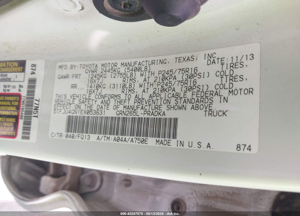 2014 TOYOTA TACOMA VIN: 5TFJU4GN1EX053631