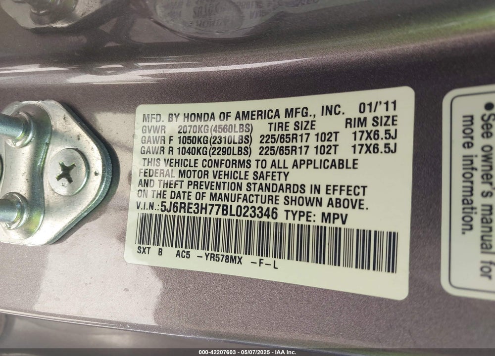 2011 HONDA CR-V EX-L VIN: 5J6RE3H77BL023346