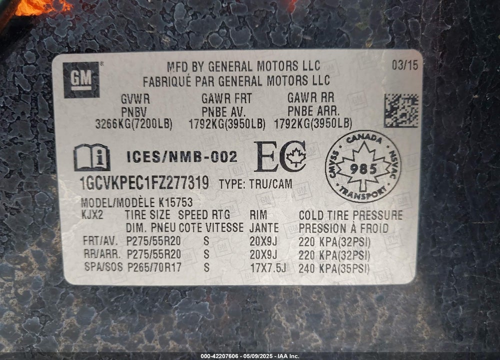2015 CHEVROLET SILVERADO 1500 LS/WT VIN: 1GCVKPEC1FZ277319
