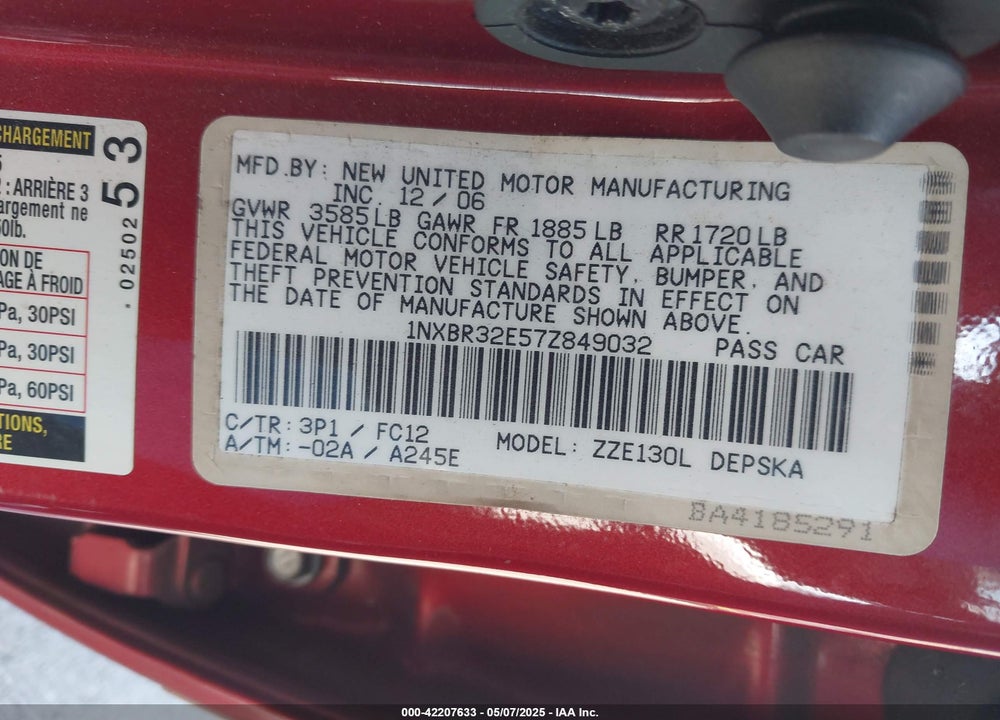 2007 TOYOTA COROLLA S VIN: 1NXBR32E57Z849032