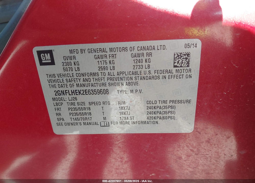 2014 CHEVROLET EQUINOX LTZ VIN: 2GNFLHEK2E6359608