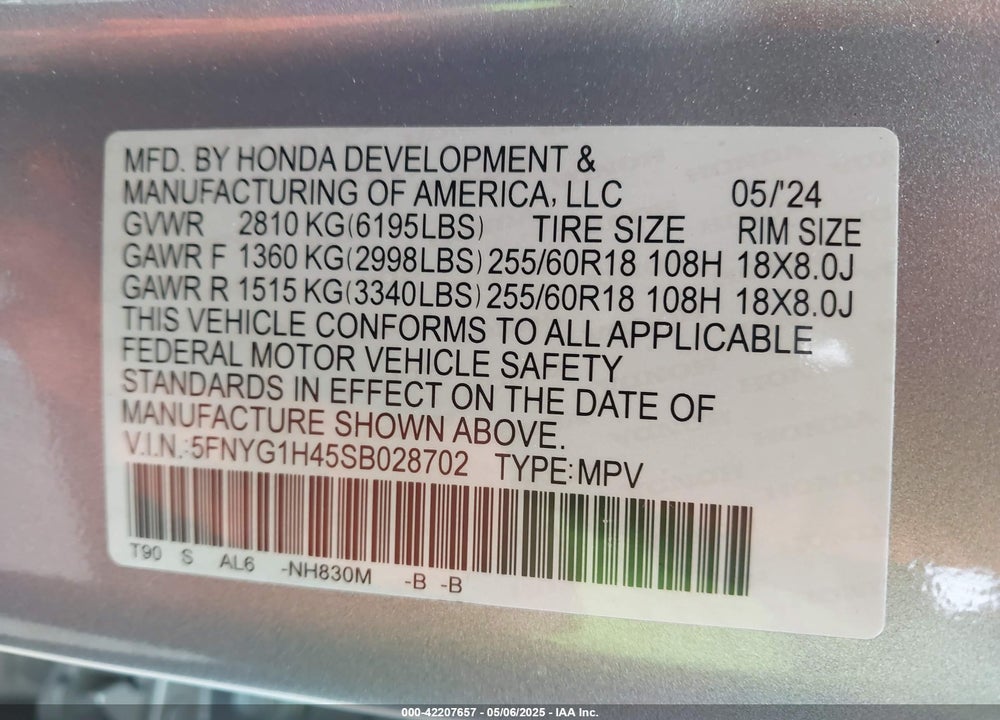 2025 HONDA PILOT VIN: 5FNYG1H45SB028702