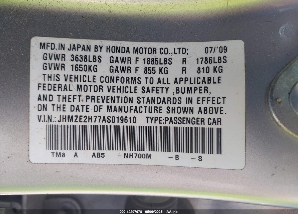 2010 HONDA INSIGHT EX VIN: JHMZE2H77AS019610