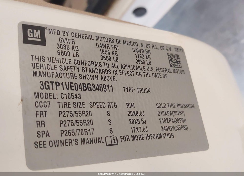 2011 GMC SIERRA 1500 VIN: 3GTP1VE04BG346911