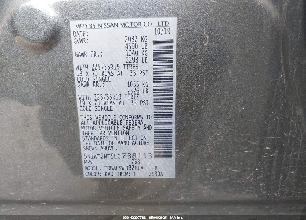 2020 NISSAN ROGUE SL FWD VIN: 5N1AT2MT5LC738113