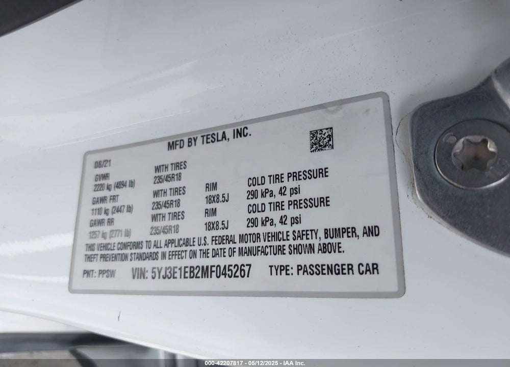 2021 TESLA MODEL 3 VIN: 5YJ3E1EB2MF045267