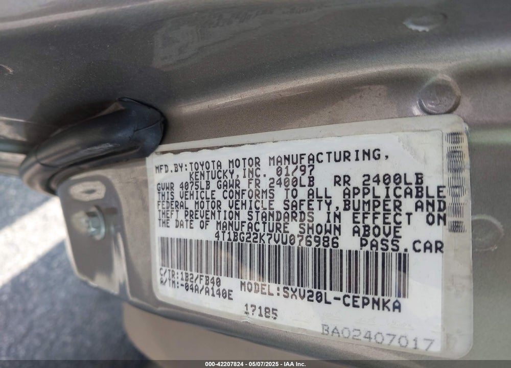 1997 TOYOTA CAMRY LE VIN: 4T1BG22K7VU076986