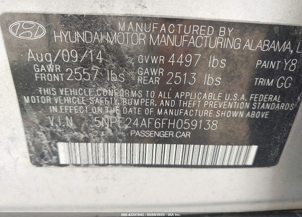 2015 HYUNDAI SONATA VIN: 5NPE24AF6FH059138