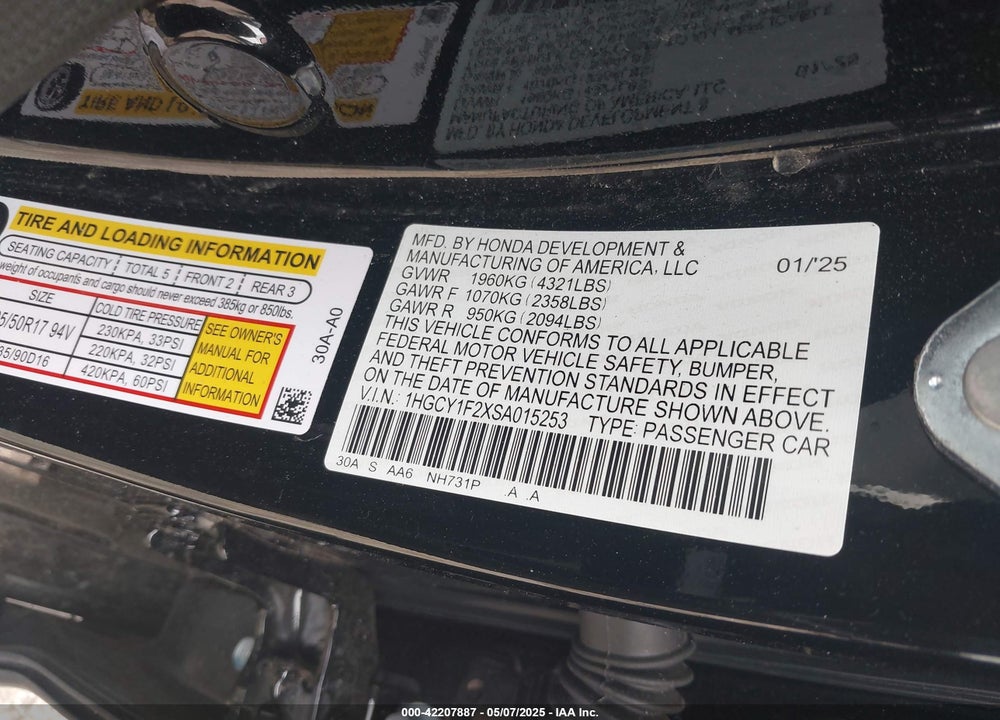 2025 HONDA ACCORD VIN: 1HGCY1F2XSA015253