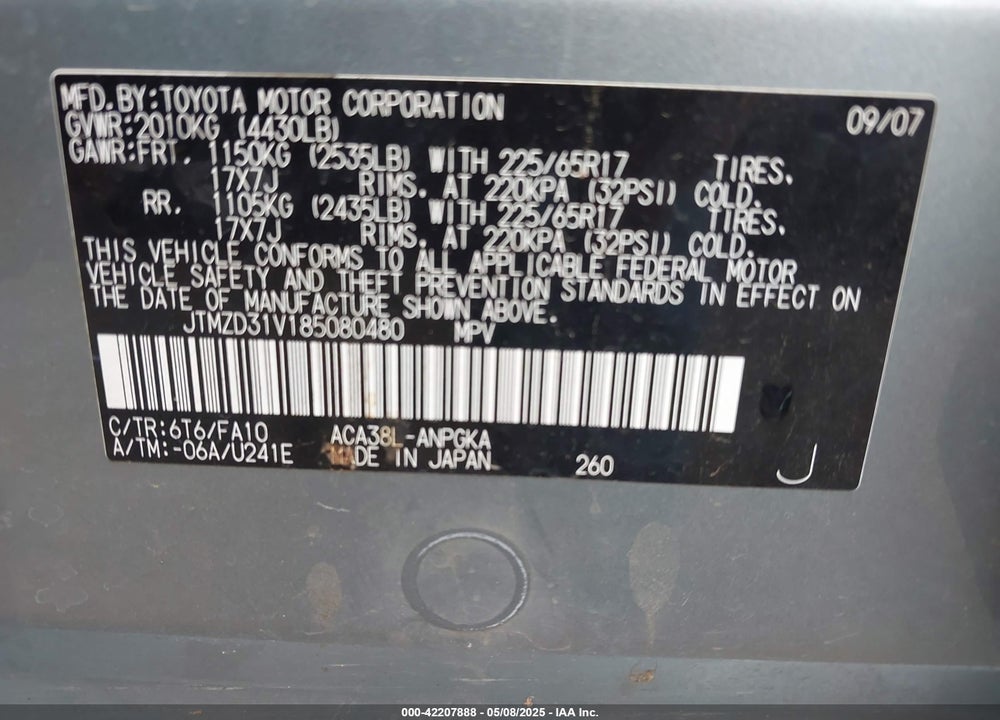 2008 TOYOTA RAV4 LIMITED VIN: JTMZD31V185080480