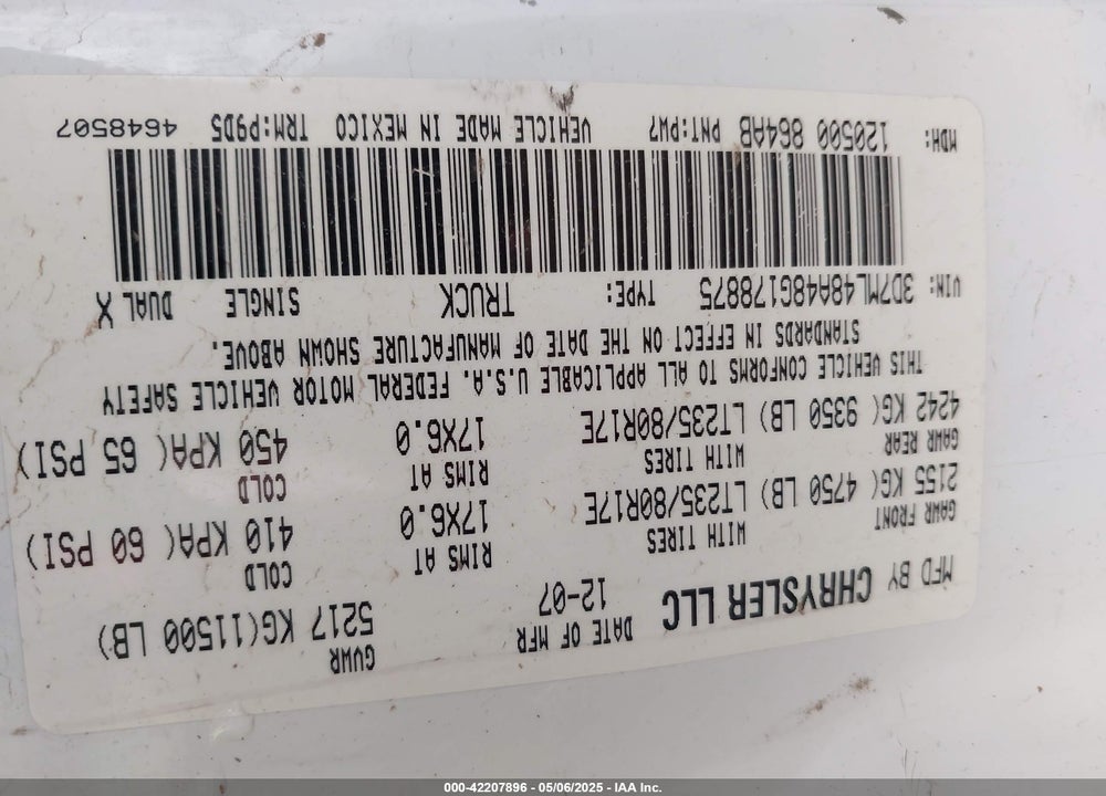 2008 DODGE RAM 3500 ST/SXT VIN: 3D7ML48A48G178875