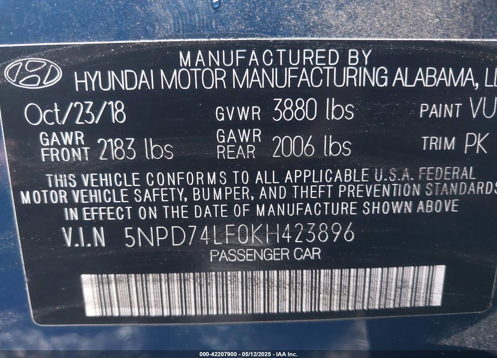 2019 HYUNDAI ELANTRA VIN: 5NPD74LF0KH423896