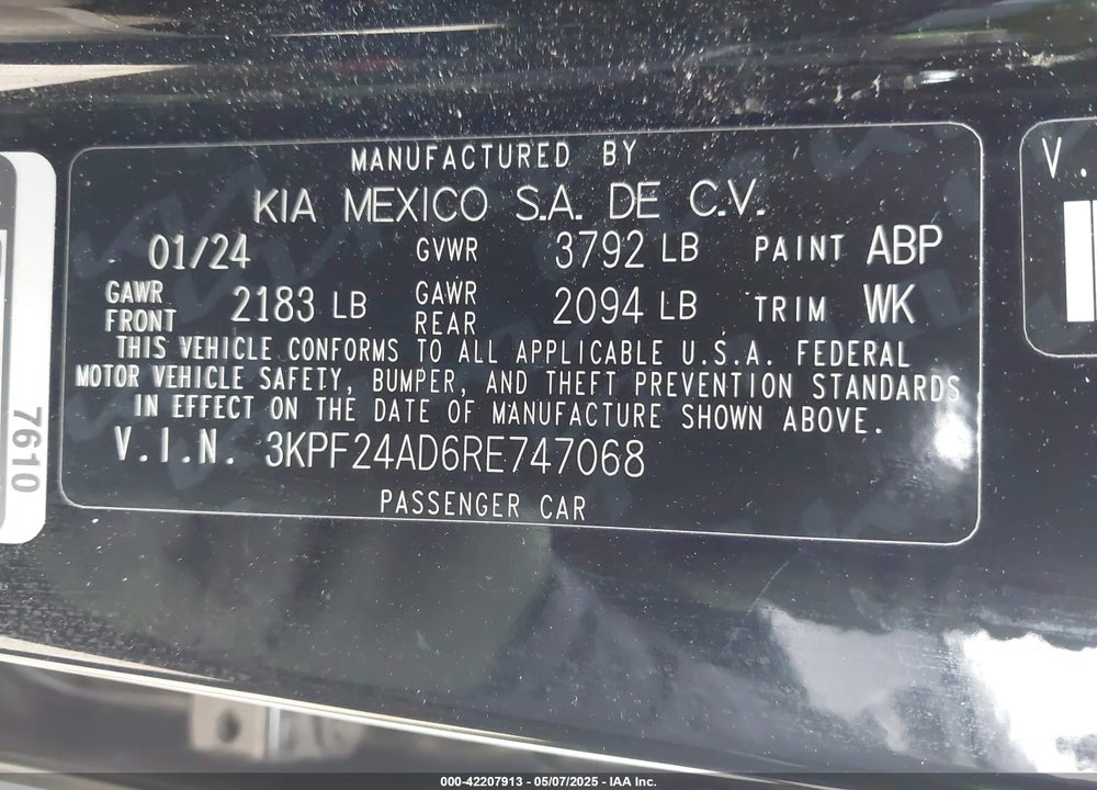2024 KIA FORTE LXS VIN: 3KPF24AD6RE747068