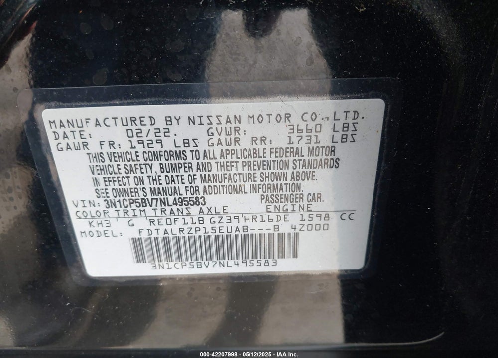2022 NISSAN KICKS S XTRONIC CVT VIN: 3N1CP5BV7NL495583