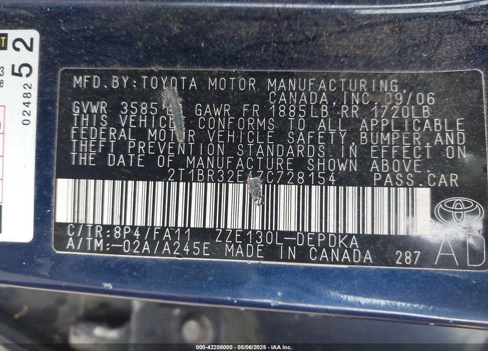 2007 TOYOTA COROLLA VIN: 2T1BR32E47C728154