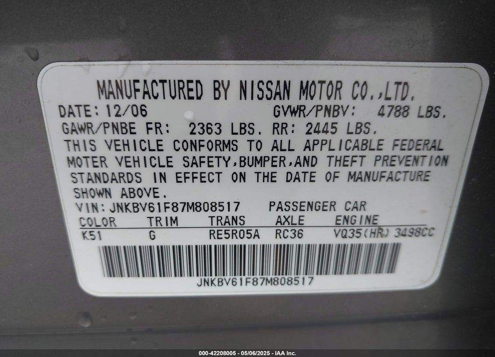 2007 INFINITI G35X VIN: JNKBV61F87M808517