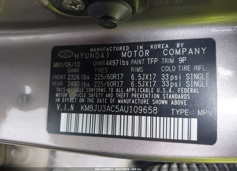 2010 HYUNDAI TUCSON VIN: KM8JU3AC5AU109658