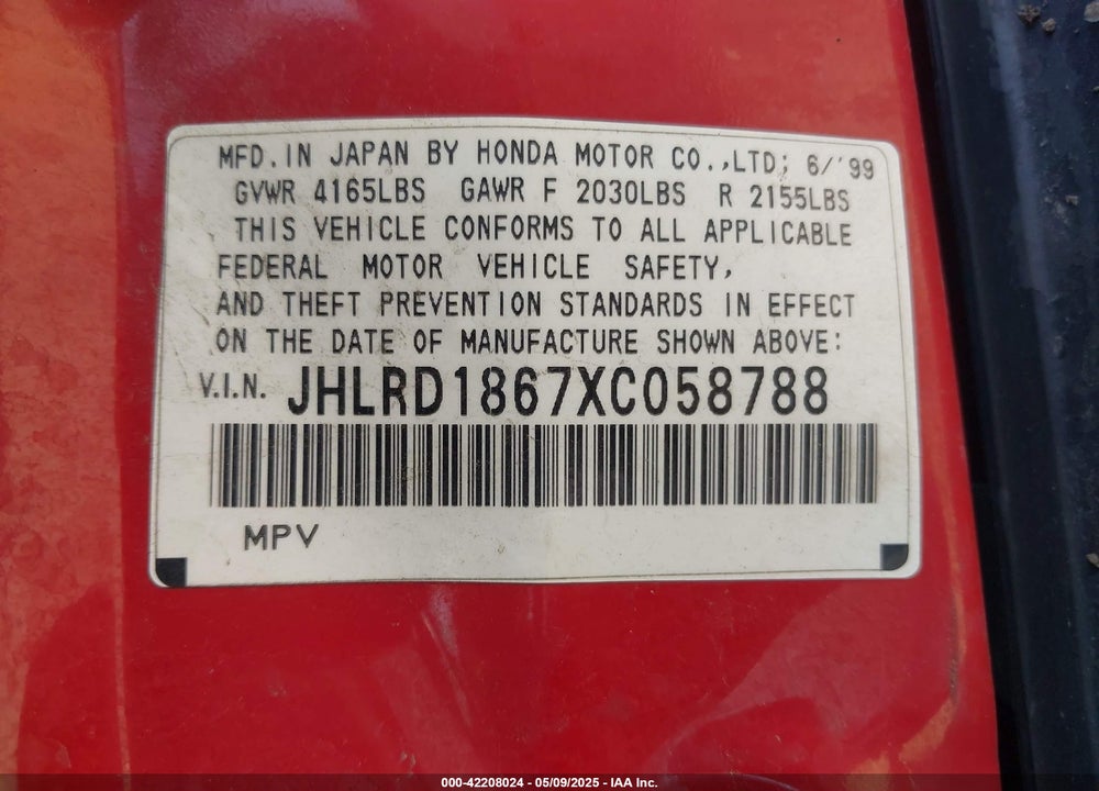 1999 HONDA CR-V EX VIN: JHLRD1867XC058788