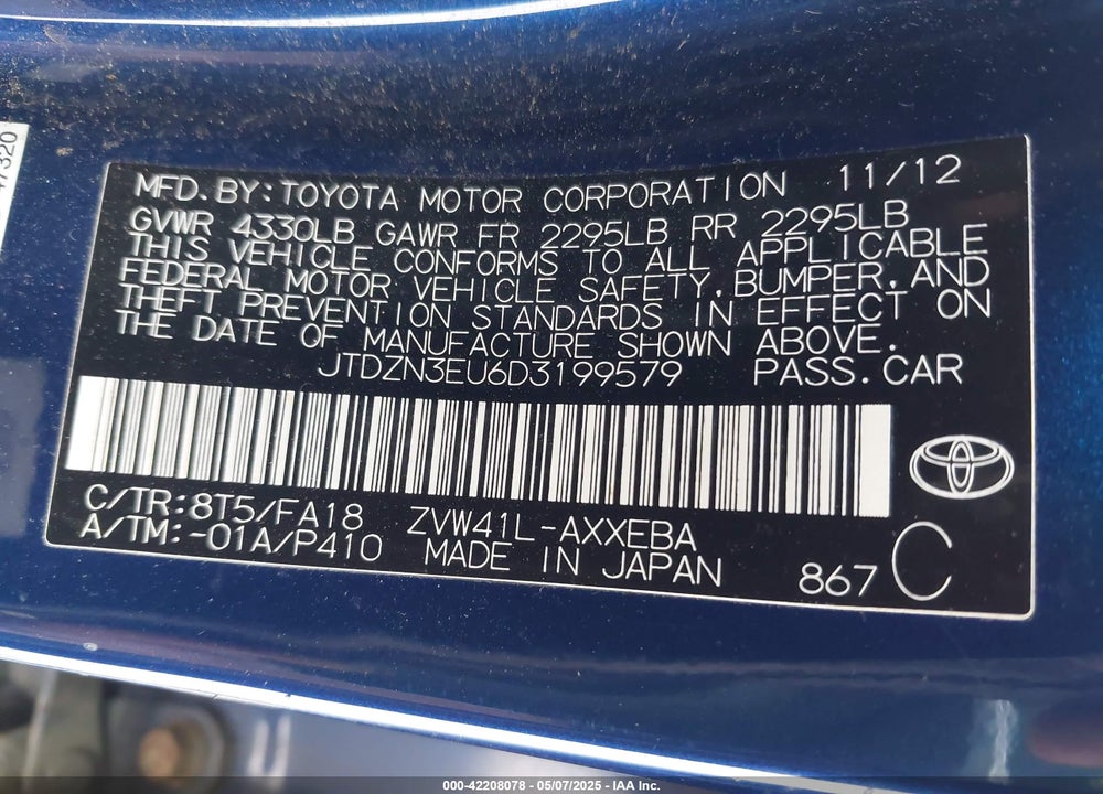 2013 TOYOTA PRIUS V THREE VIN: JTDZN3EU6D3199579