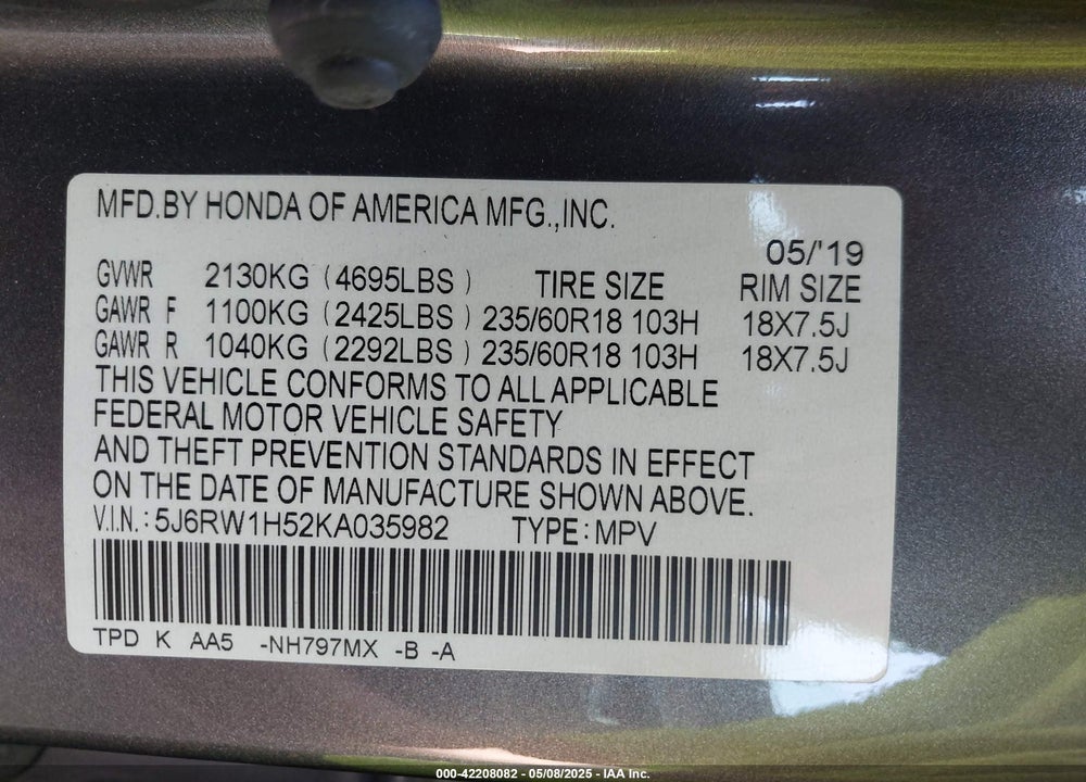 2019 HONDA CR-V VIN: 5J6RW1H52KA035982