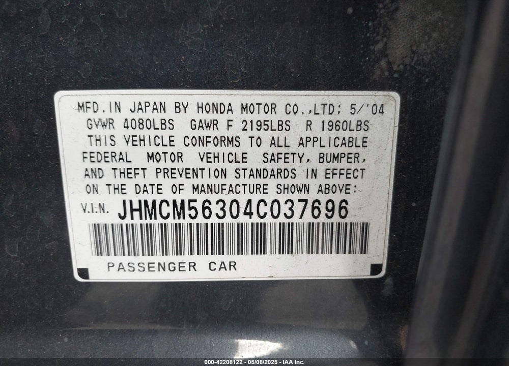2004 HONDA ACCORD VIN: JHMCM56304C037696