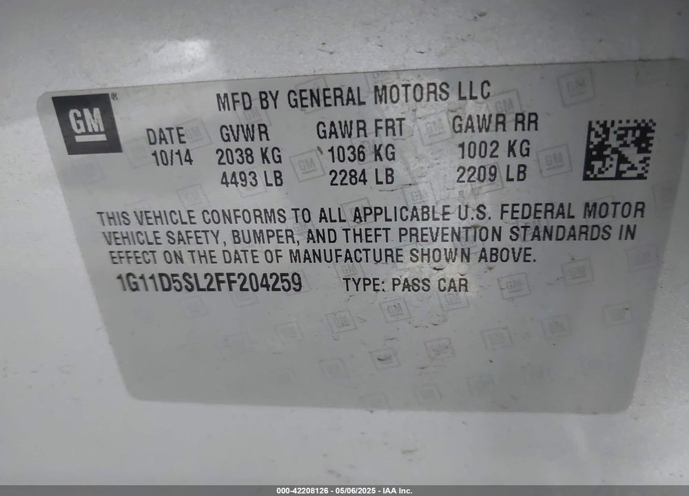 2015 CHEVROLET MALIBU VIN: 1G11D5SL2FF204259