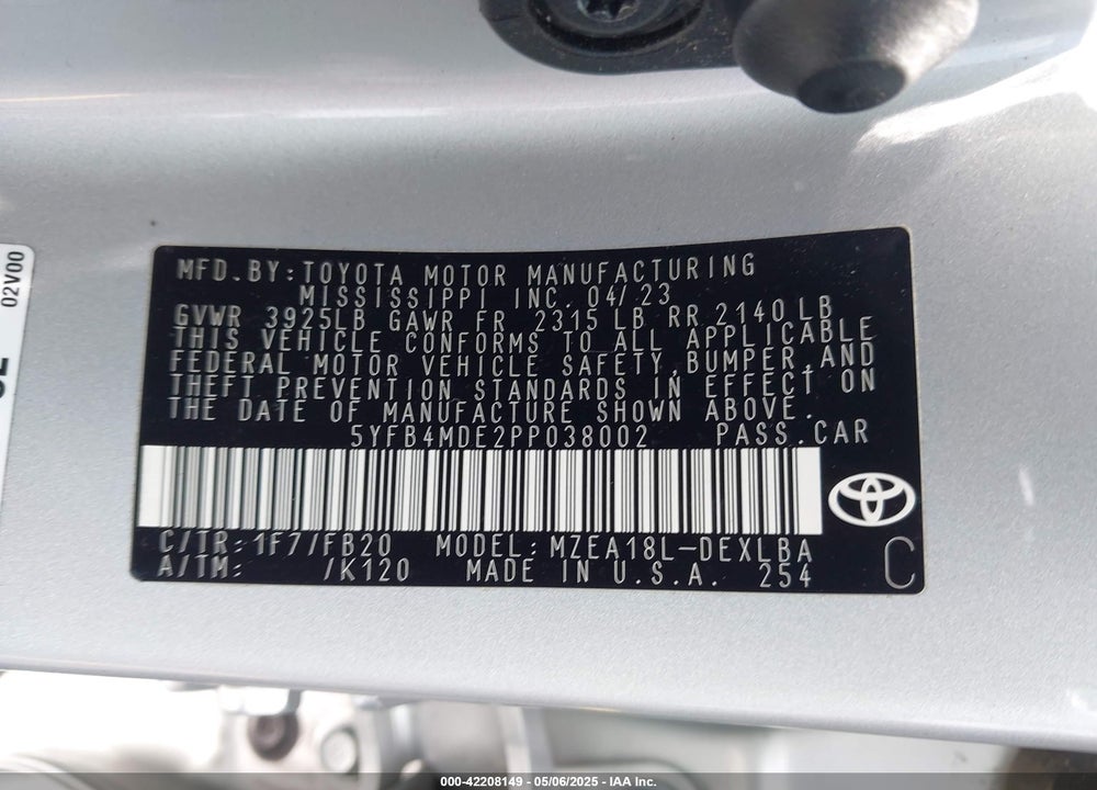 2023 TOYOTA COROLLA VIN: 5YFB4MDE2PP038002