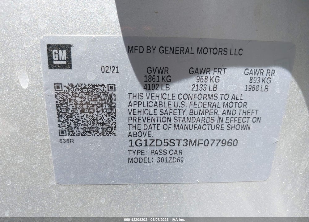 2021 CHEVROLET MALIBU VIN: 1G1ZD5ST3MF077960