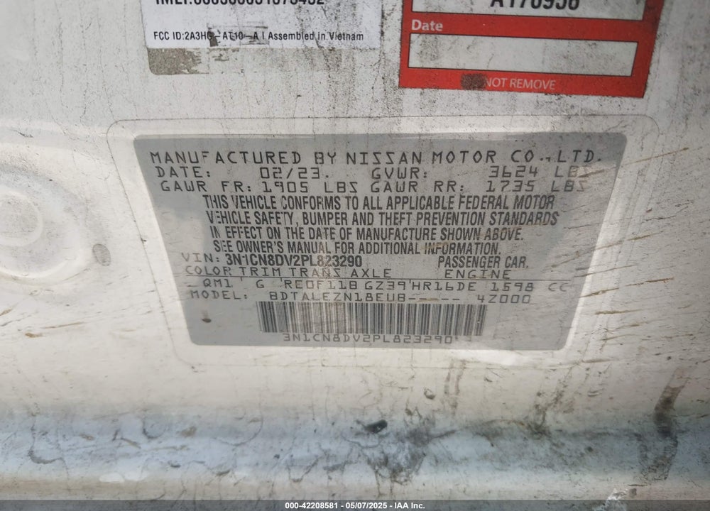 2023 NISSAN VERSA 1.6 S XTRONIC CVT VIN: 3N1CN8DV2PL823290