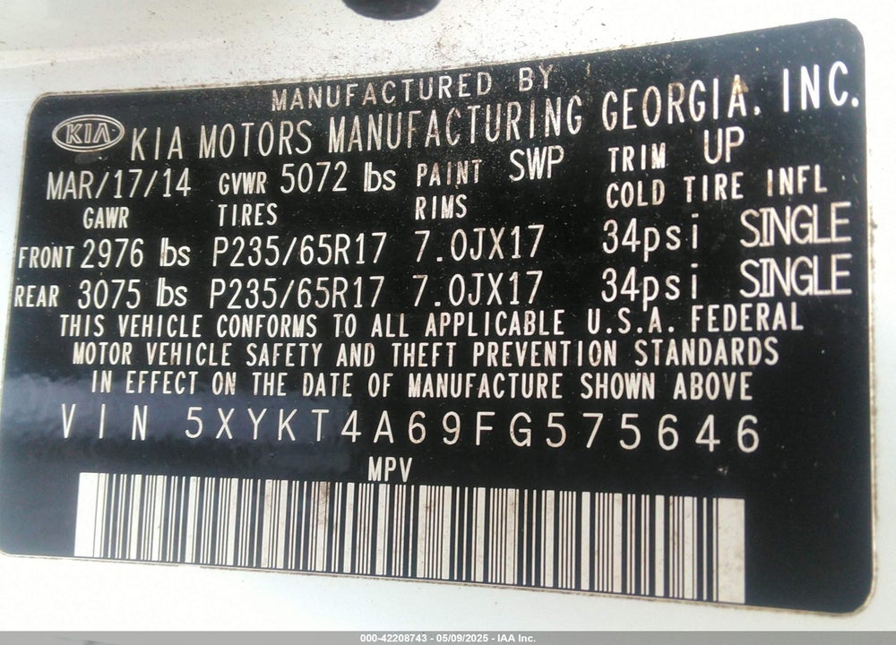 2015 KIA SORENTO VIN: 5XYKT4A69FG575646