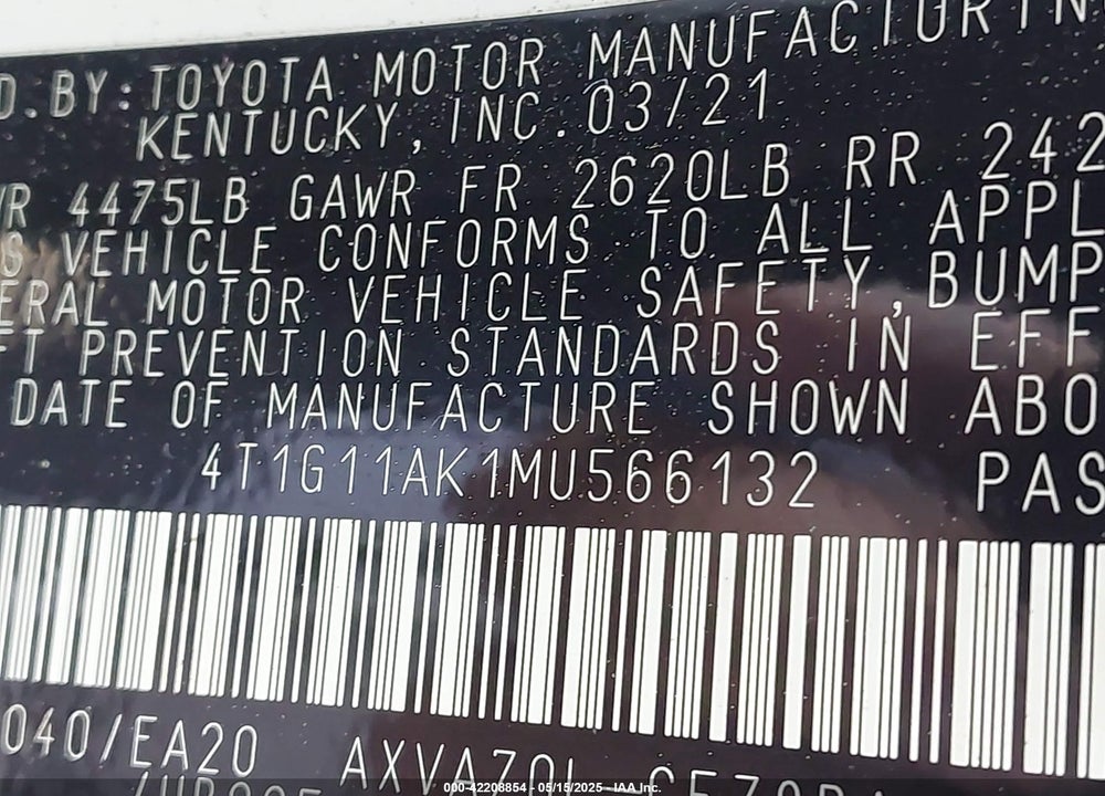 2021 TOYOTA CAMRY SE VIN: 4T1G11AK1MU566132