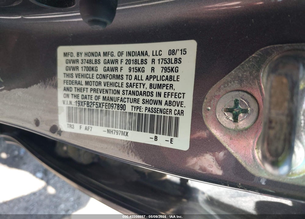 2015 HONDA CIVIC VIN: 19XFB2F5XFE097890
