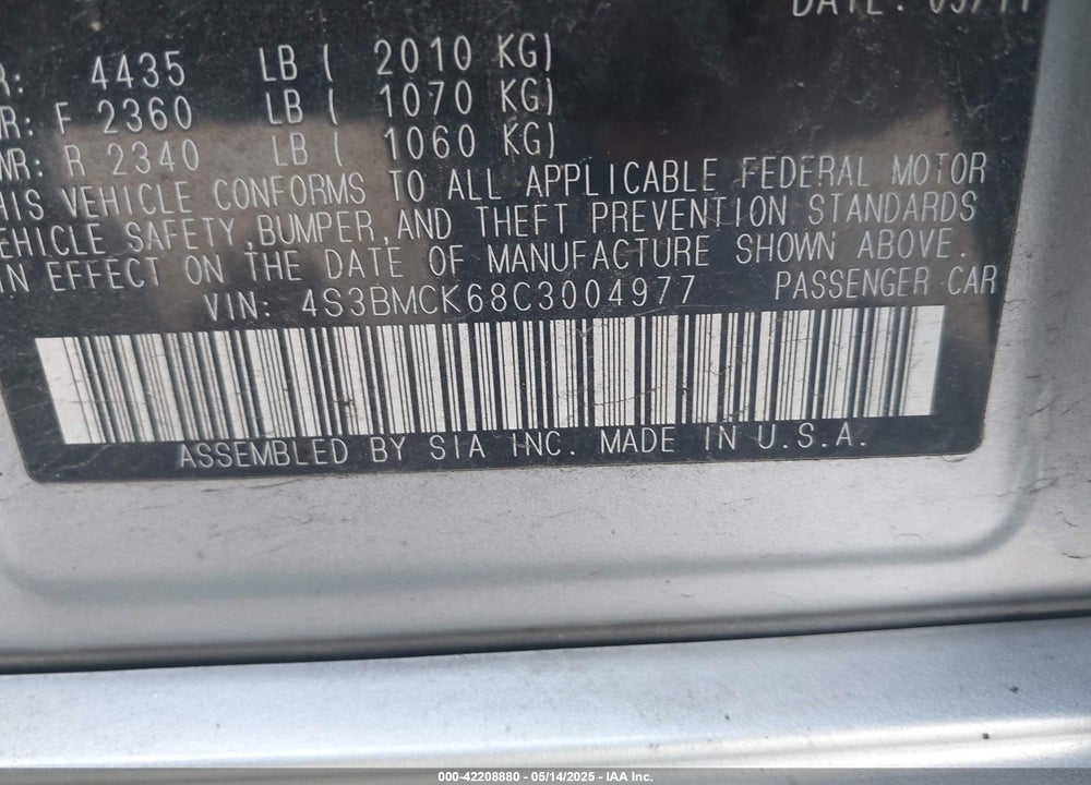 2012 SUBARU LEGACY VIN: 4S3BMCK68C3004977