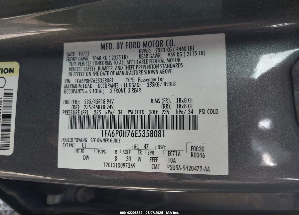 2014 FORD FUSION SE VIN: 1FA6P0H76E5358081