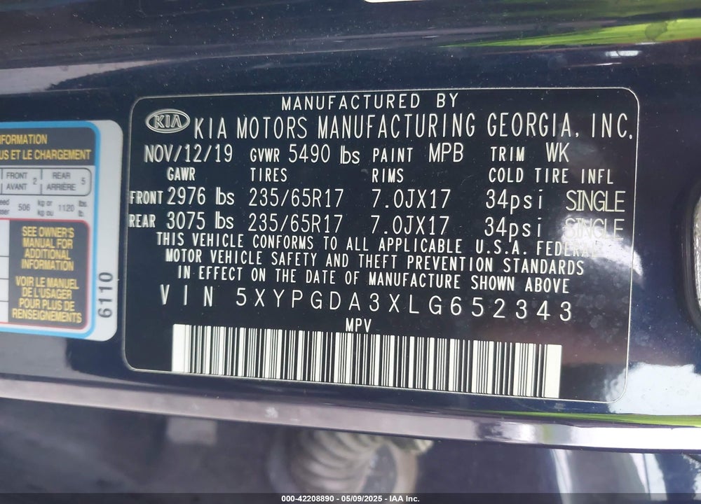 2020 KIA SORENTO 2.4L LX VIN: 5XYPGDA3XLG652343