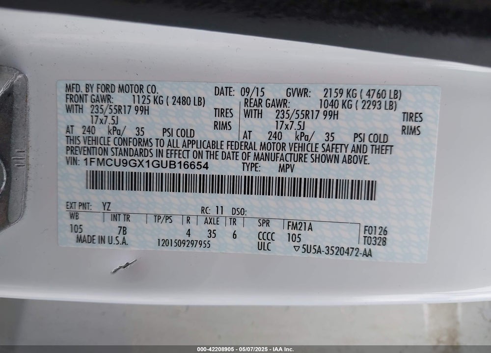 2016 FORD ESCAPE SE VIN: 1FMCU9GX1GUB16654