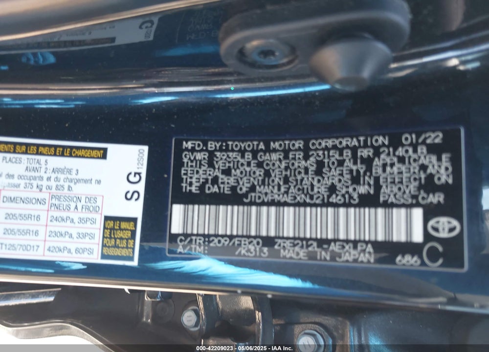 2022 TOYOTA COROLLA VIN: JTDVPMAEXNJ214613