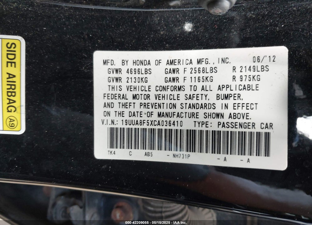 2012 ACURA TL 3.5 VIN: 19UUA8F5XCA036410