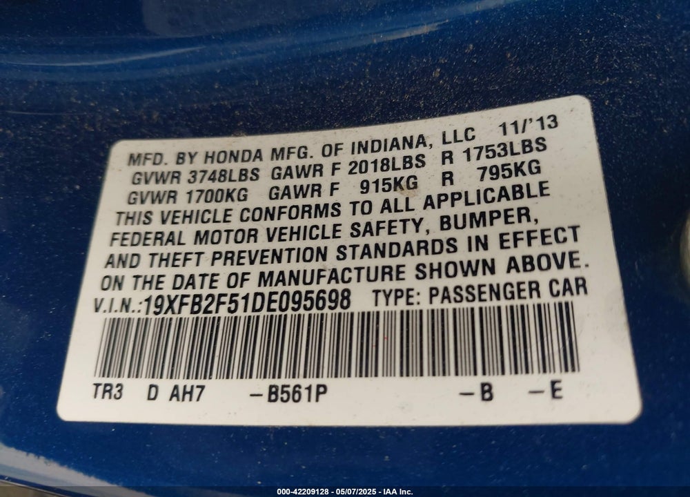 2013 HONDA CIVIC VIN: 19XFB2F51DE095698