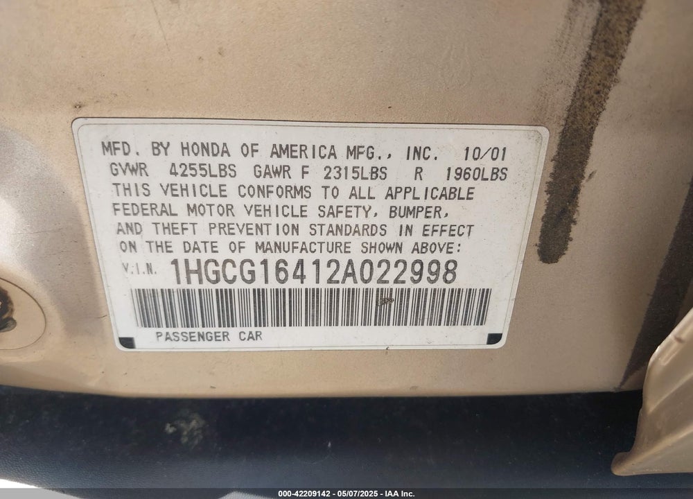 2002 HONDA ACCORD 3.0 LX VIN: 1HGCG16412A022998