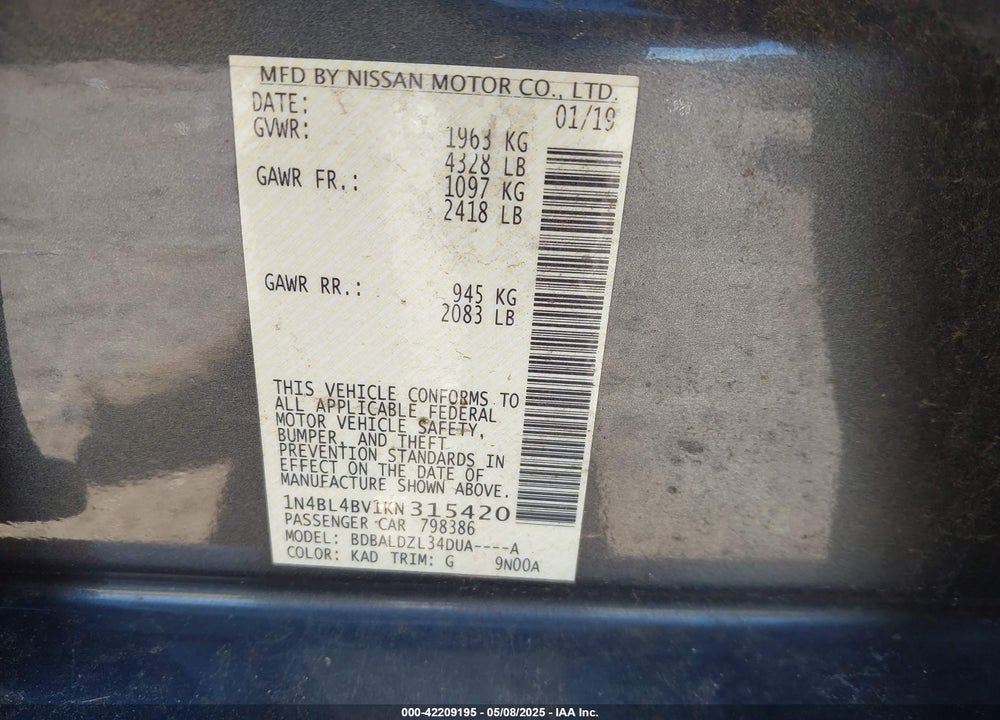 2019 NISSAN ALTIMA VIN: 1N4BL4BV1KN315420