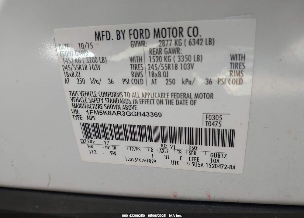 2016 FORD POLICE INTERCEPTOR VIN: 1FM5K8AR3GGB43369