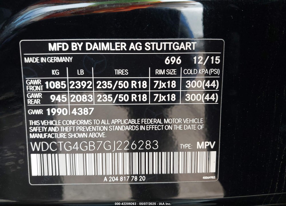 2016 MERCEDES-BENZ GLA 250 4MATIC VIN: WDCTG4GB7GJ226283
