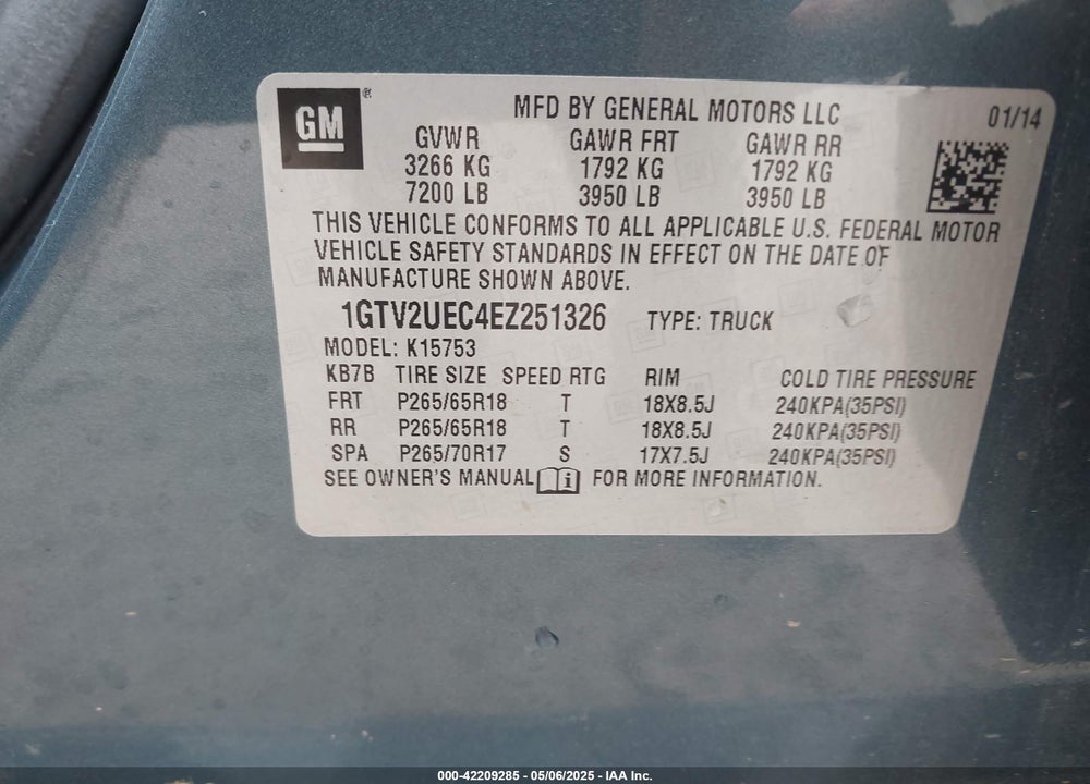 2014 GMC SIERRA 1500 VIN: 1GTV2UEC4EZ251326