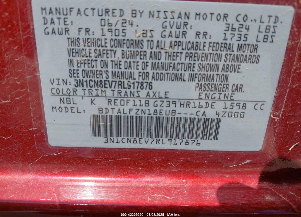 2024 NISSAN VERSA VIN: 3N1CN8EV7RL917876